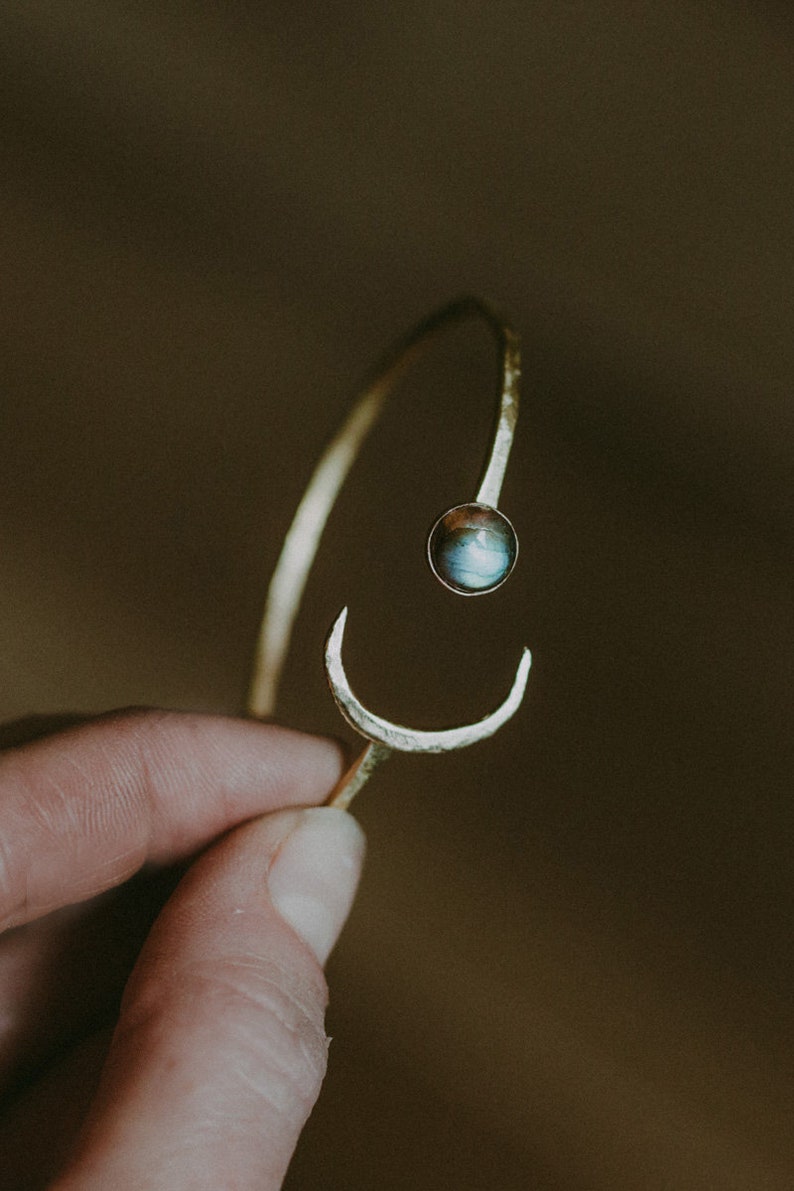 Handmade Brass Bracelet Crescend Moon & Labradorite, Raw Brass Bracelet With Gem Stone image 2