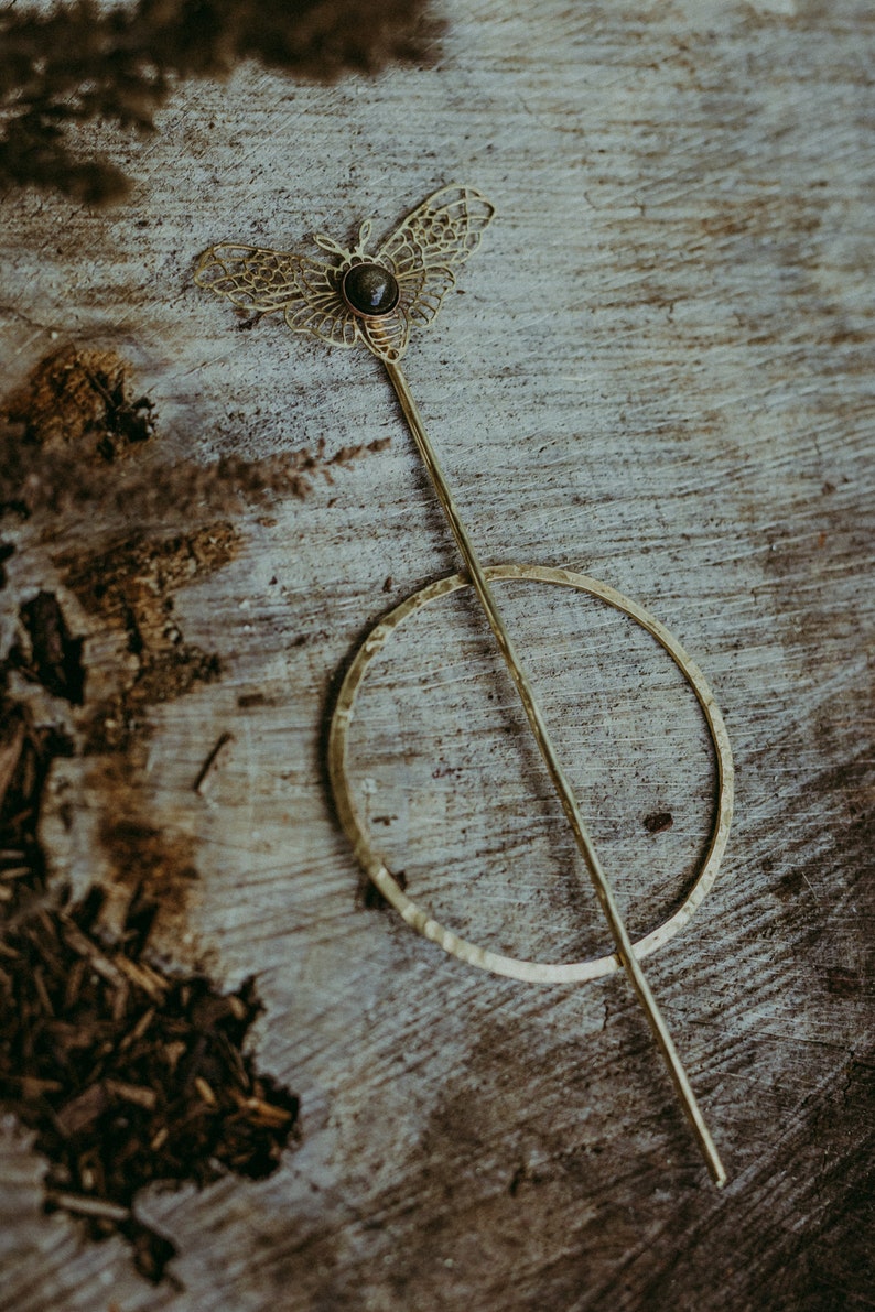 Raw Brass Hairpin In The Shape Of A Moth with Golden Obsidian image 2