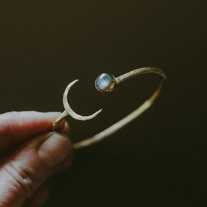 Handmade Brass Bracelet Crescend Moon & Labradorite, Raw Brass Bracelet With Gem Stone image 3
