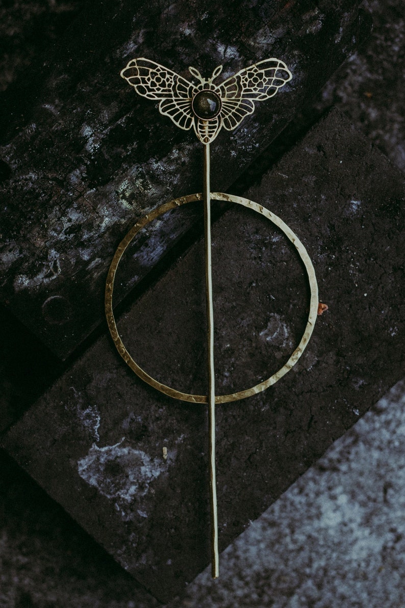 Raw Brass Hairpin In The Shape Of A Moth with Golden Obsidian image 1
