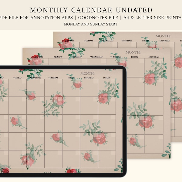 monthly calendar | undated planner | goodnotes, other annotation apps and printable a4 and letter size | landscape