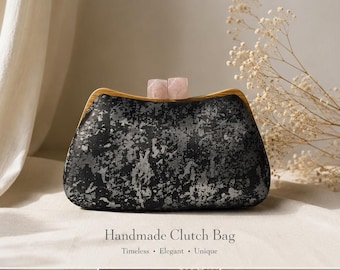 Modern Black & Grey Pattern Clutch Bag – Wooden Frame Evening Purse – Handmade Statement Bag – Elegant Minimalist Handbag Gift for Women