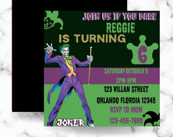 Plantilla de invitación de cumpleaños del Joker, fiesta de cumpleaños del Joker, fiesta de supervillanos, Universo DC, fiesta de supervillanos del Joker, niñas y niños