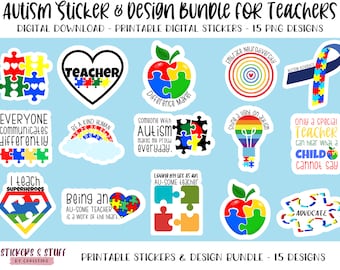 Printable Autism Sticker & Design Bundle for Teachers, Digital PNG Print then Cut Stickers for Autism Advocates, Digital Sticker Pack