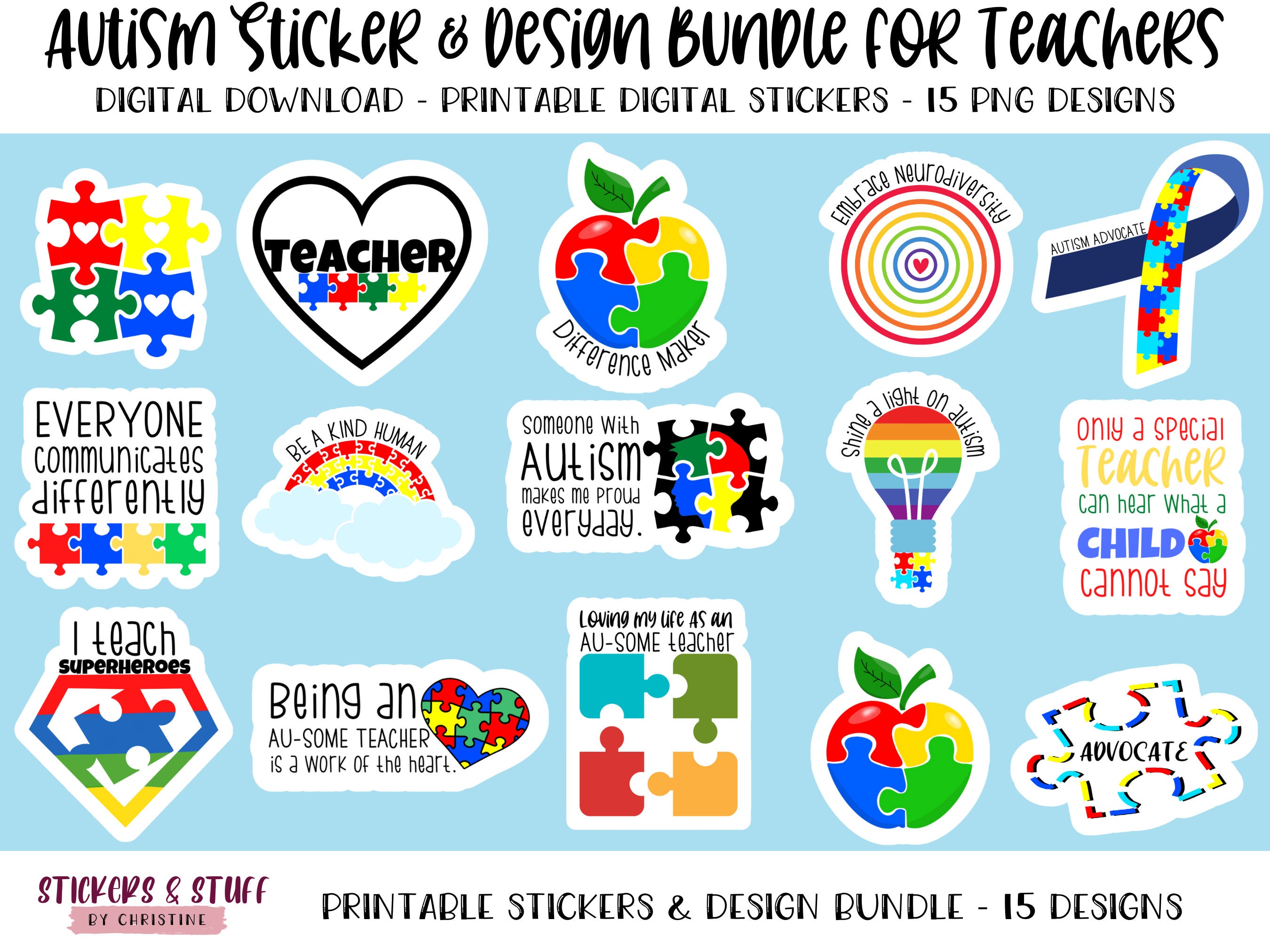 Printable Autism Sticker & Design Bundle for Teachers, Digital PNG
