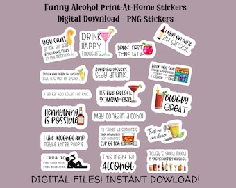 Puede incluir: Un conjunto de 15 pegatinas imprimibles con frases humorísticas sobre el alcohol. Las pegatinas son de varios colores y presentan ilustraciones de cócteles y bebidas. El texto de las pegatinas incluye frases como "Beber pensamientos felices", "Funciono con vino y sarcasmo", y "Genial".