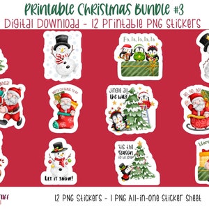 May include: A set of 12 printable Christmas stickers featuring various holiday themes, including Santa Claus, penguins, snowmen, and Christmas trees. The stickers are designed in a watercolor style with a white background and colorful accents.