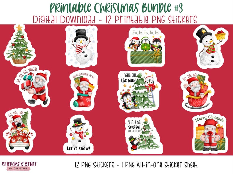 May include: A set of 12 printable Christmas stickers featuring various holiday themes, including Santa Claus, penguins, snowmen, and Christmas trees. The stickers are designed in a watercolor style with a white background and colorful accents.
