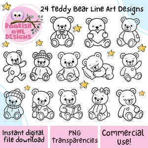 Cute Teddy Bear Line Art Bundle Instant Download | 24 Adorable Bear PNG Illustrations | Digital Outlines for Crafts.