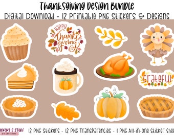 May include: A set of 12 Thanksgiving-themed digital stickers featuring illustrations of a pumpkin, pie, turkey, coffee, and more. The stickers are in a white circle with a brown background. The text "Happy Thanks Giving" and "Grateful" are included in the set.