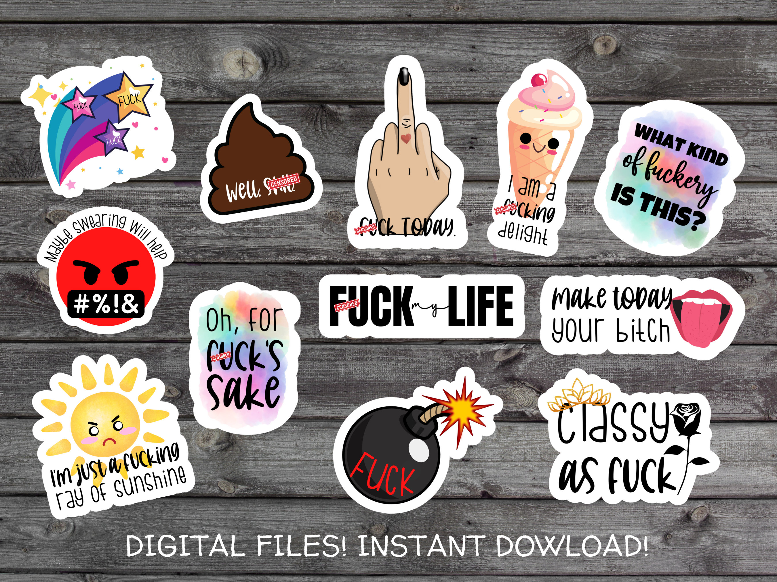 Adult Humor Curse Word Sticker Pack #3, Digital PNG Sticker Download ...