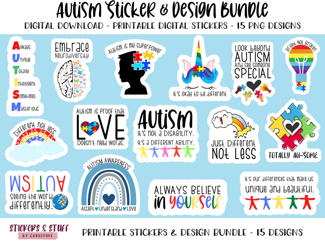 Printable Autism Sticker & Design Bundle, Digital PNG Designs for Print