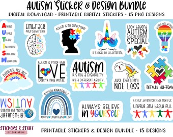 Printable Autism Sticker & Design Bundle, Digital PNG Designs for Print then Cut, Downloadable Stickers for Autism, PNG Printable Stickers