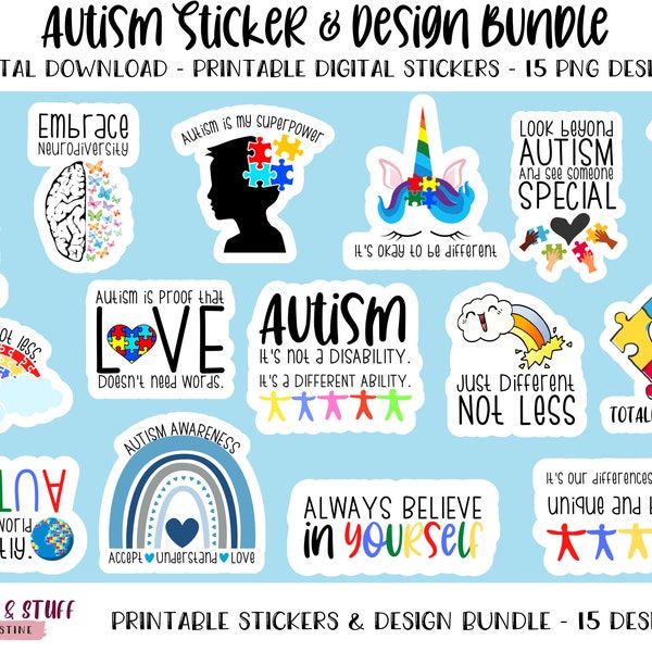 Printable Autism Sticker & Design Bundle, Digital PNG Designs for Print then Cut, Downloadable Stickers for Autism, PNG Printable Stickers
