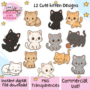12 Cute Kitten PNG Clipart Bundle | Adorable Cat Illustrations | Transparent Background Digital Download for Stickers and Crafts