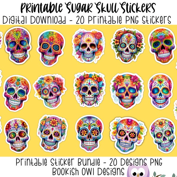 Printable Sugar Skull Stickers, Digital Sugar Skull Download, Day of the Dead Printable Stickers