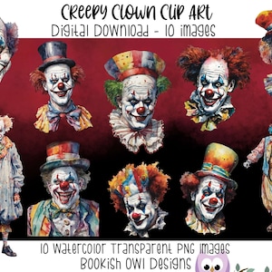 Clipart de acuarela de payaso espeluznante de Halloween: paquete PNG de terror (descarga digital)