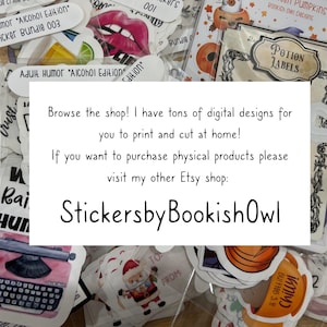 May include: A collection of stickers with various designs, including lips, pumpkins, and Santa Claus. The image includes text that reads "Adult Humor Alcohol Edition" and "Potion Labels." The shop name "StickersbyBookishOwl" is also visible.