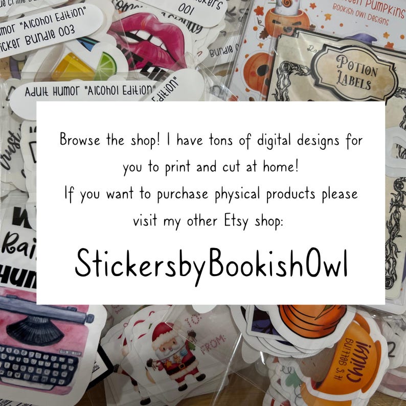 May include: A collection of stickers with various designs, including lips, pumpkins, and Santa Claus. The image includes text that reads "Adult Humor Alcohol Edition" and "Potion Labels." The shop name "StickersbyBookishOwl" is also visible.