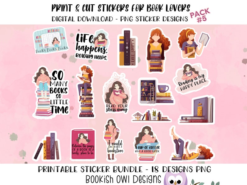 Printable Book Lover Stickers Pack #5, PNG Stickers for Print and Cut ...