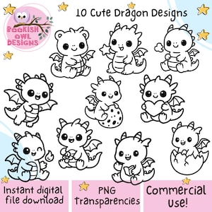 Cute Dragons Transparent Line Art: PNG Instant Download