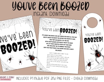 May include: Printable Halloween door hanger with a black spider and web design. The text reads "You've been Boozed!" It's almost Halloween and why should kids have all the fun? Adults should celebrate too before this month is done. Now that Halloween is in the air, we've crept around with doozy treats to share! We left these haunted spirits at your door and challenge you to boo-hooze two more! Hope this treat makes you scream and have a happy Halloween!"