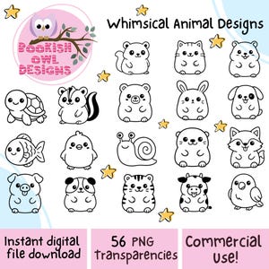 Whimsical Animal PNG Bundle: 56 Cute Plush-Style Outlines for Stickers, Crafts, and Coloring Pages.