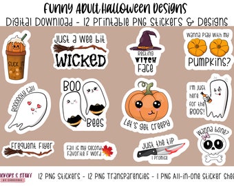 Bundle de conception imprimable PNG d'Halloween adulte drôle, autocollants et dessins d'Halloween imprimables pour adultes, PNG numérique Halloween et automne