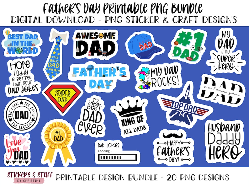 Peut inclure: Un ensemble de 20 designs PNG imprimables pour la f&ecirc;te des p&egrave;res. Les designs pr&eacute;sentent diverses illustrations et textes, notamment "Meilleur papa du monde", "Papa g&eacute;nial", "F&ecirc;te des p&egrave;res", "Roi de tous les papas", "Mon papa est g&eacute;nial !" et "Mari papa h&eacute;ros".