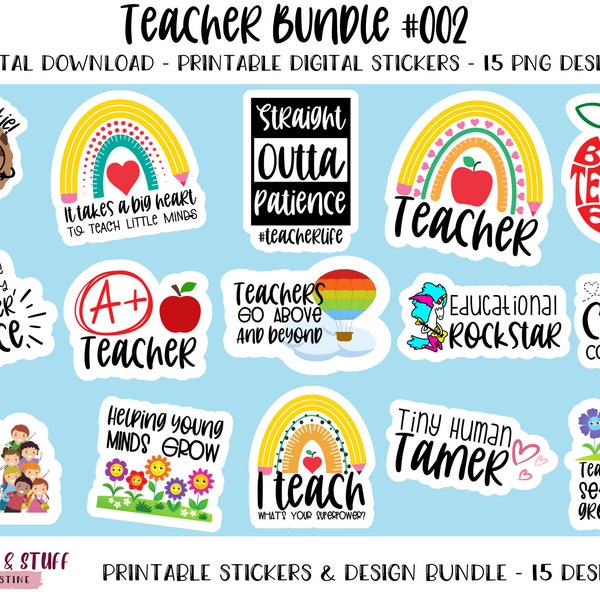 Printable Teacher PNG Sticker Design Bundle #2, Print then Cut Designs for Teachers, Digital Sticker Download for Educators, PNG Stickers