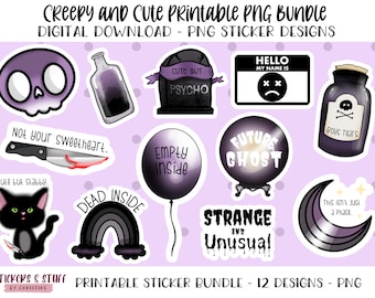 Creepy and Cute Printable PNG Sticker Bundle, Print and Cut Creepy and Cute Designs, Digital Designs, Pastel Goth Digital Download Bundle