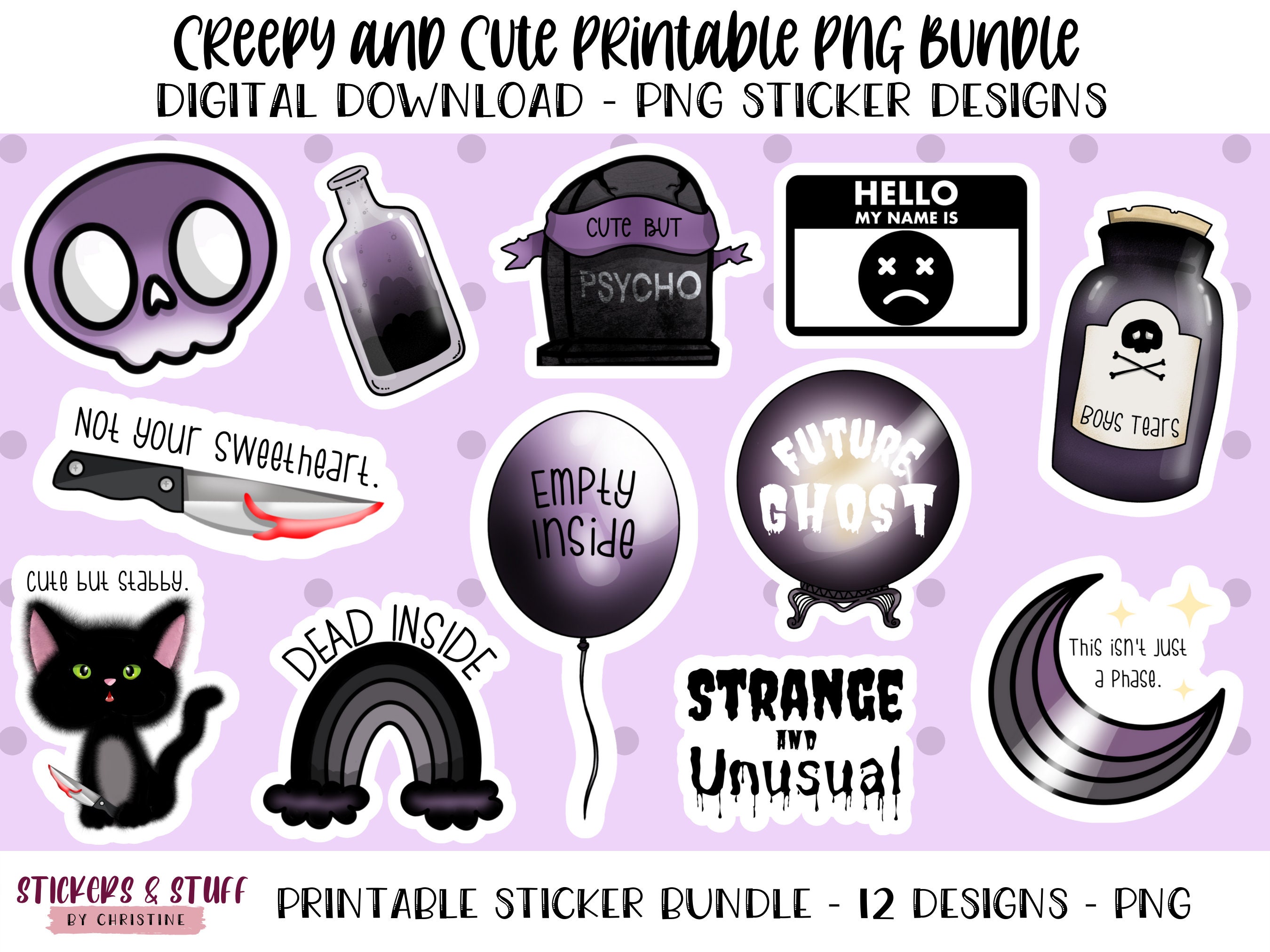 Creepy and Cute Printable PNG Sticker Bundle, Print and Cut Creepy