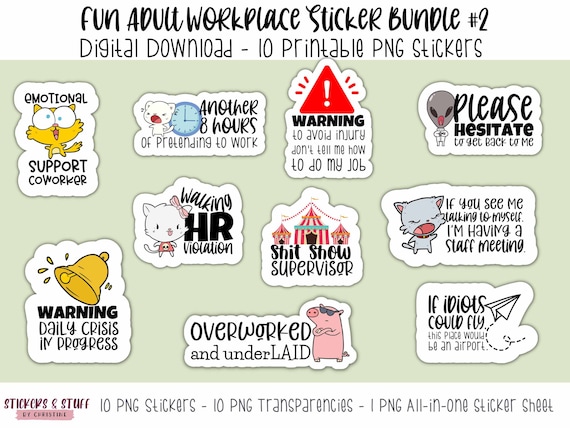 Funny Adult Workplace Sticker Bundle: Printable PNG Stickers (Digital Download)