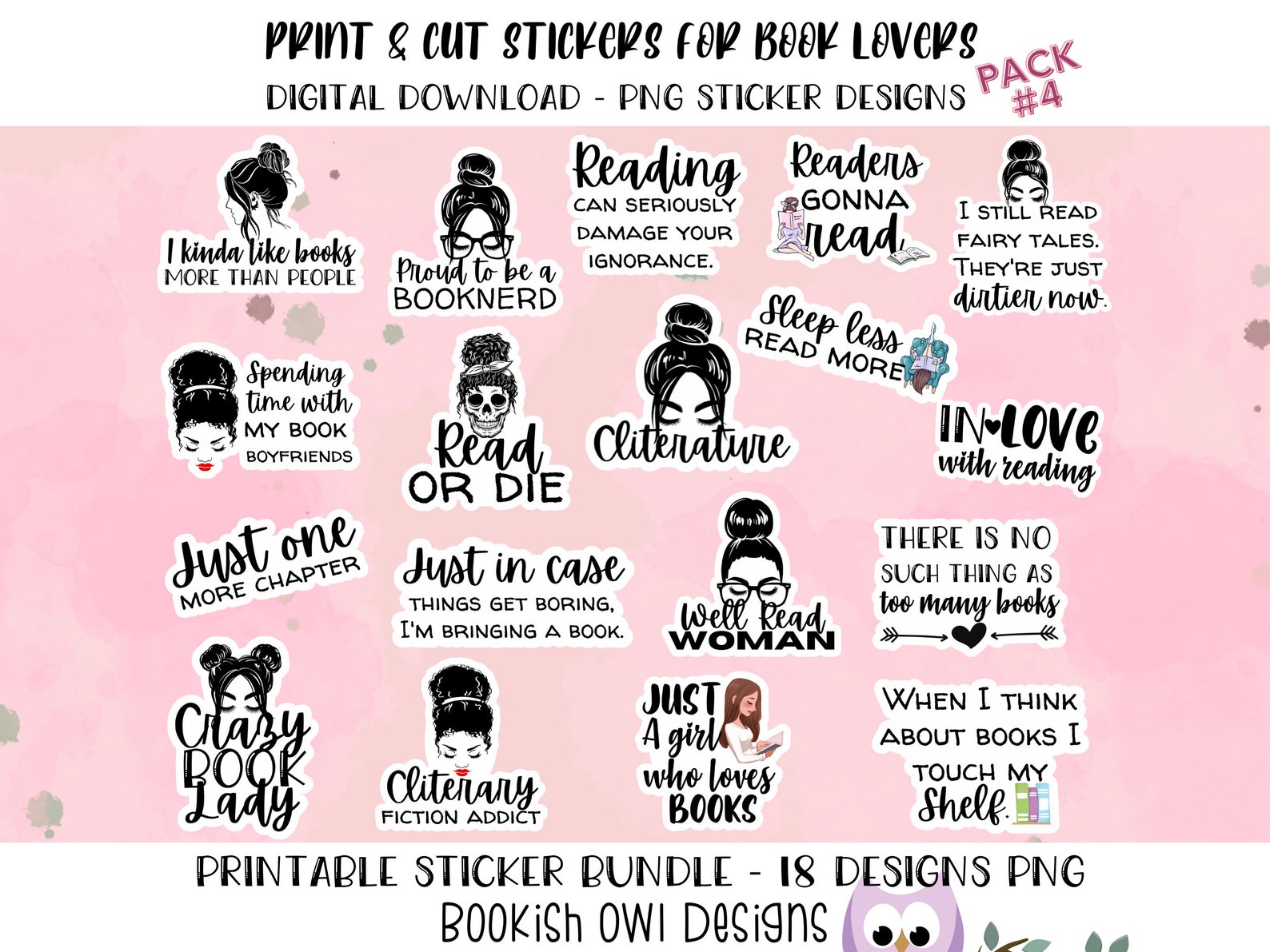 Printable Book Lover Stickers Pack #4, PNG Stickers for Print and Cut ...