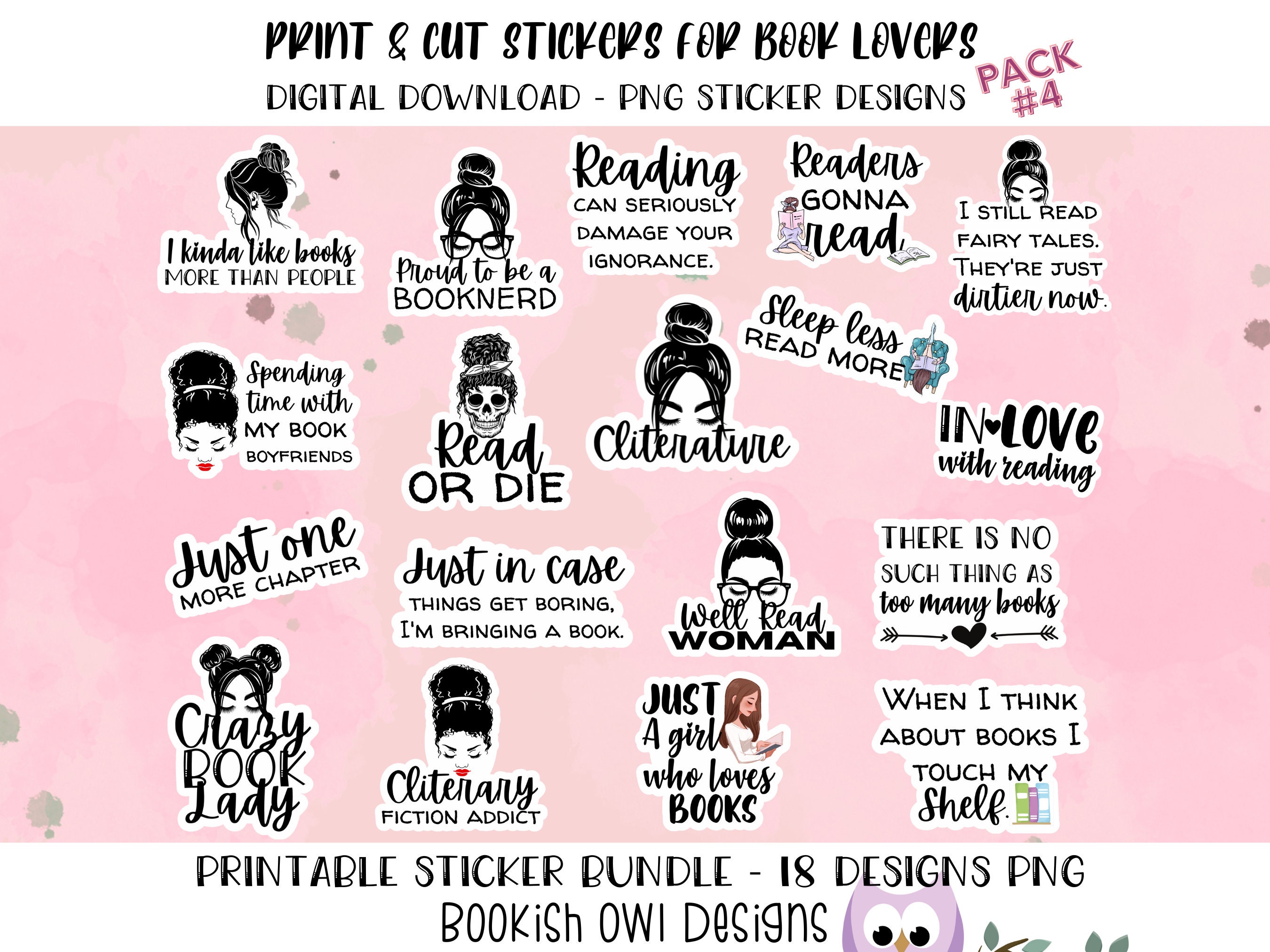 Printable Book Lover Stickers Pack #4, PNG Stickers for Print and Cut ...