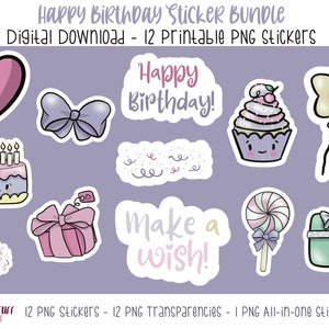 Printable Happy Birthday Sticker Bundle, Printable PNG Digital Stickers ...