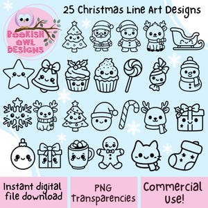 Christmas Line Art PNG Bundle | Cute Holiday Doodles | Instant Digital Download | Transparent Clip Art