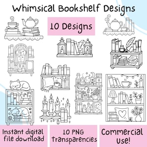 Cute Bookshelf Clipart PNG | Cozy Whimsical Book Lover Line Art, Transparent Designs for Coloring Pages, Journals, Planners, and Crafts image 2