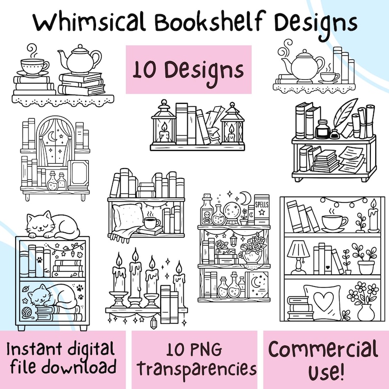 Cute Bookshelf Clipart PNG | Cozy Whimsical Book Lover Line Art, Transparent Designs for Coloring Pages, Journals, Planners, and Crafts image 2
