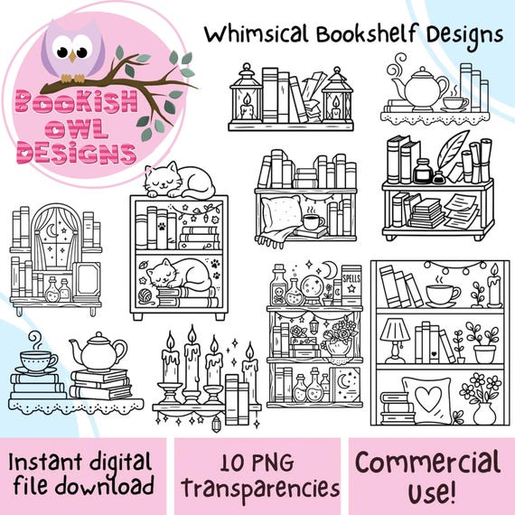 Cute Bookshelf Clipart PNG | Cozy Whimsical Book Lover Line Art, Transparent Designs for Coloring Pages, Journals, Planners, and Crafts