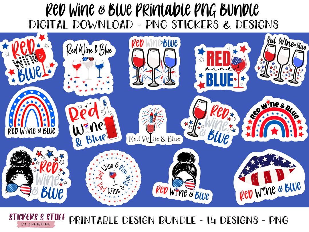 Red Wine & Blue Printable PNG Design Bundle, Red, Wine, and Blue Design