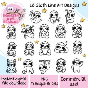 Cute Sloth Line Art PNG Bundle | 18 Transparent Clipart Files | Digital Instant Download | Sloth Outlines for Coloring, Stickers, Crafts