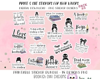Pack d'autocollants pour amoureux des livres à imprimer #3, autocollants PNG à imprimer et à découper, téléchargement numérique, impression et découpe d'autocollants pour Cricut