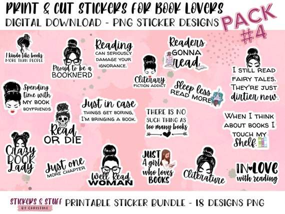 Printable Book Lover Stickers Pack 4 PNG Stickers for Print - Etsy