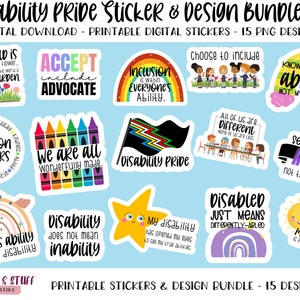 Puede incluir: Un conjunto de 15 pegatinas digitales imprimibles con diseños coloridos que promueven el orgullo por la discapacidad y la inclusión. Las pegatinas incluyen frases como "La inclusión importa", "Todos somos maravillosamente hechos", "La discapacidad no significa incapacidad" y "Conóceme por mis habilidades, no por mis discapacidades".