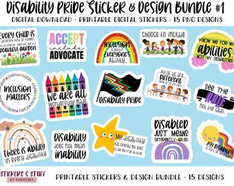 Disability Pride Sticker and Design Bundle #1, Printable Stickers, PNG Digital Design Download for Disability Pride, Teacher Print and Cut