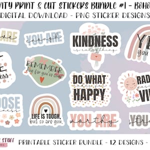 Positivity Print and Cut Downloadable Stickers in Boho Style, PNG Sticker Files, Digital Download Sticker Bundle, Printable Sticker Designs