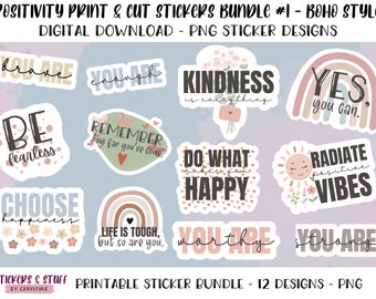 Positivity Print and Cut Downloadable Stickers in Boho Style, PNG Sticker Files, Digital Download Sticker Bundle, Printable Sticker Designs