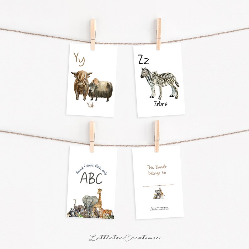 May include: A set of printable alphabet flash cards featuring watercolor illustrations of animals. The cards are designed for children and feature the letters Y and Z, with illustrations of a yak and a zebra. The cards also include a title card that says "Animal Friends Flashcards ABC".