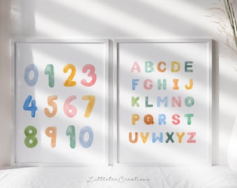 Watercolor Alphabet Numbers Print, Kids Nursery Decor (Digital Download)